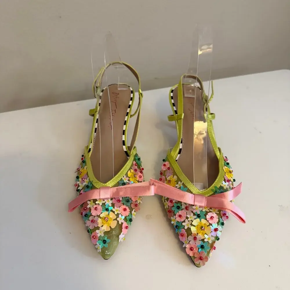 Betsey Johnson Witney Lime Floral Slingback Kitten Heels 8.5 Bow Whimsical Party